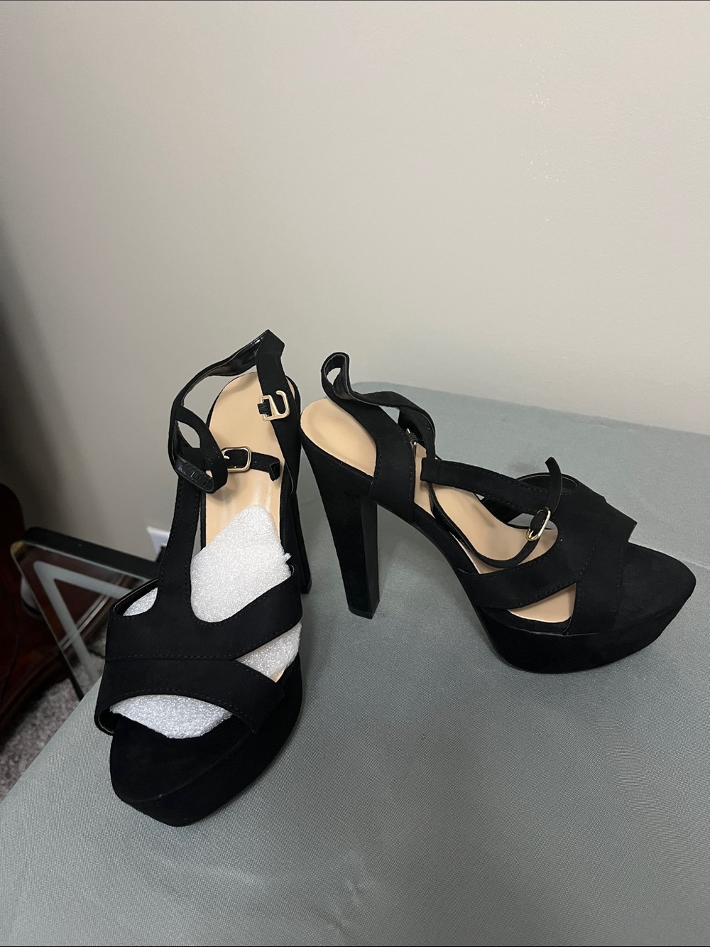 Black Platform Suede Strappy High Heel Sandals